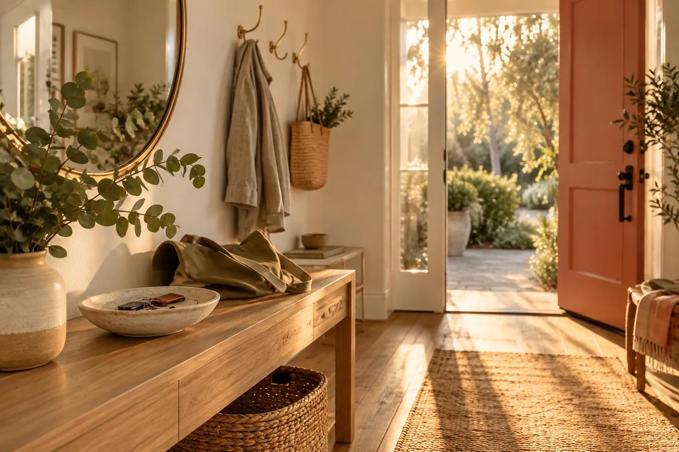 Sunlit home entryway with car keys, a tote bag and the front door open to golden light.