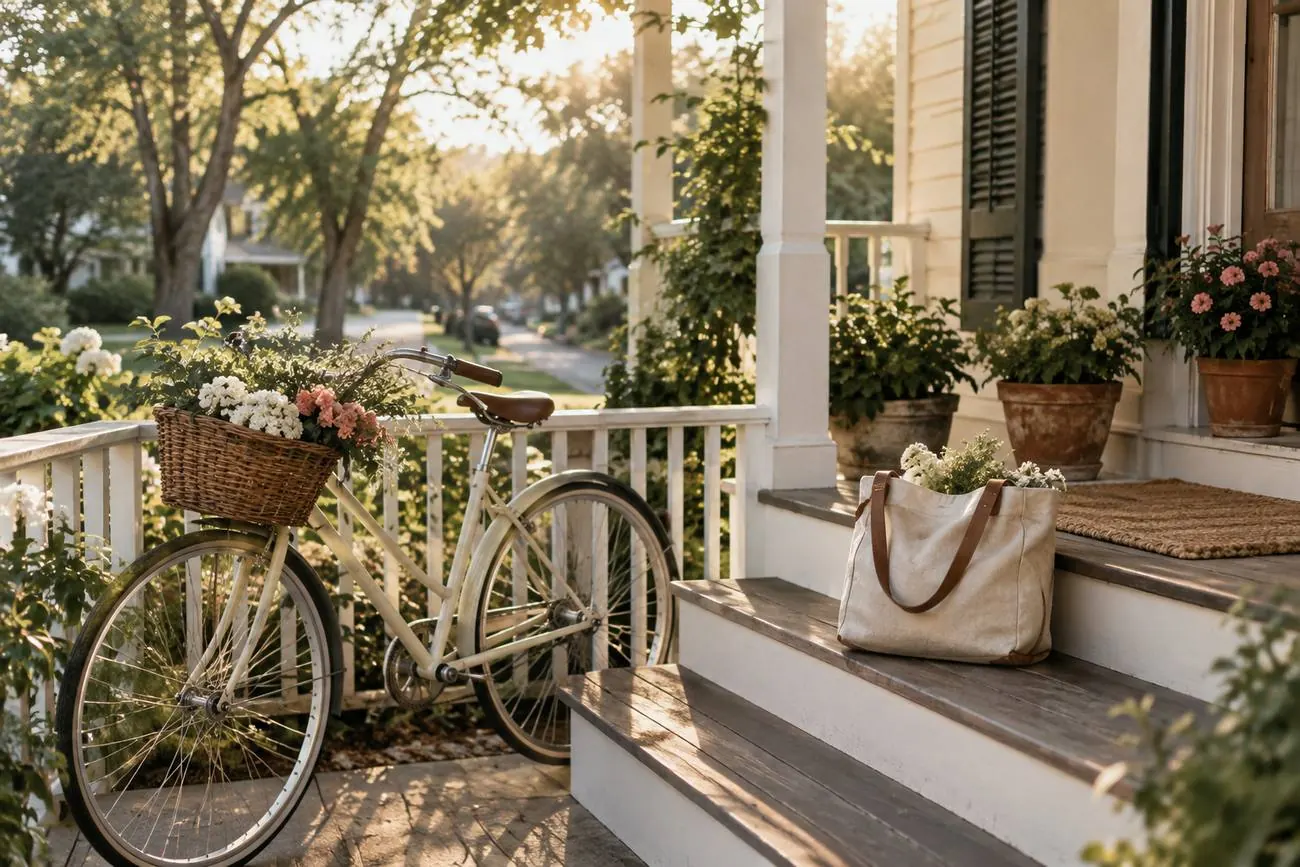 A cream bicycle and a canvas tote bag on a sunlit front porch.