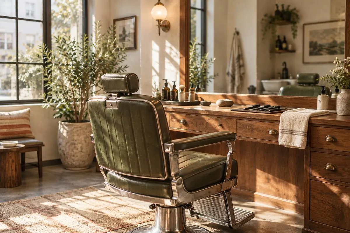 Empty salon chair by a window, combs and a folded towel on the counter, morning light.