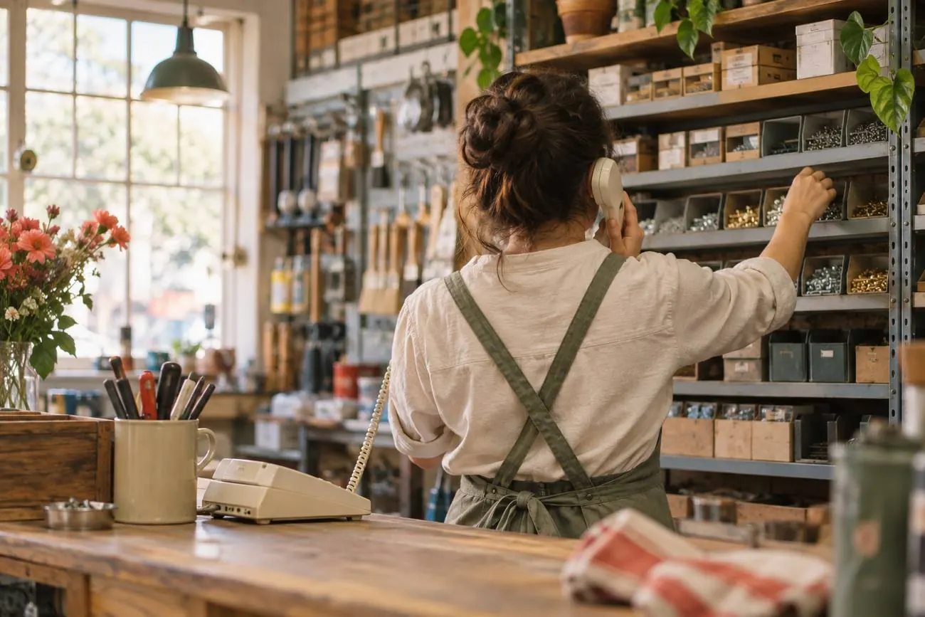 Store employee at the counter on the phone, checking a shelf of parts.